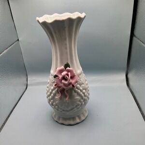 White Ceramic Vase Embossed‎ Grape Design Pink Rose Floral Accent Decor